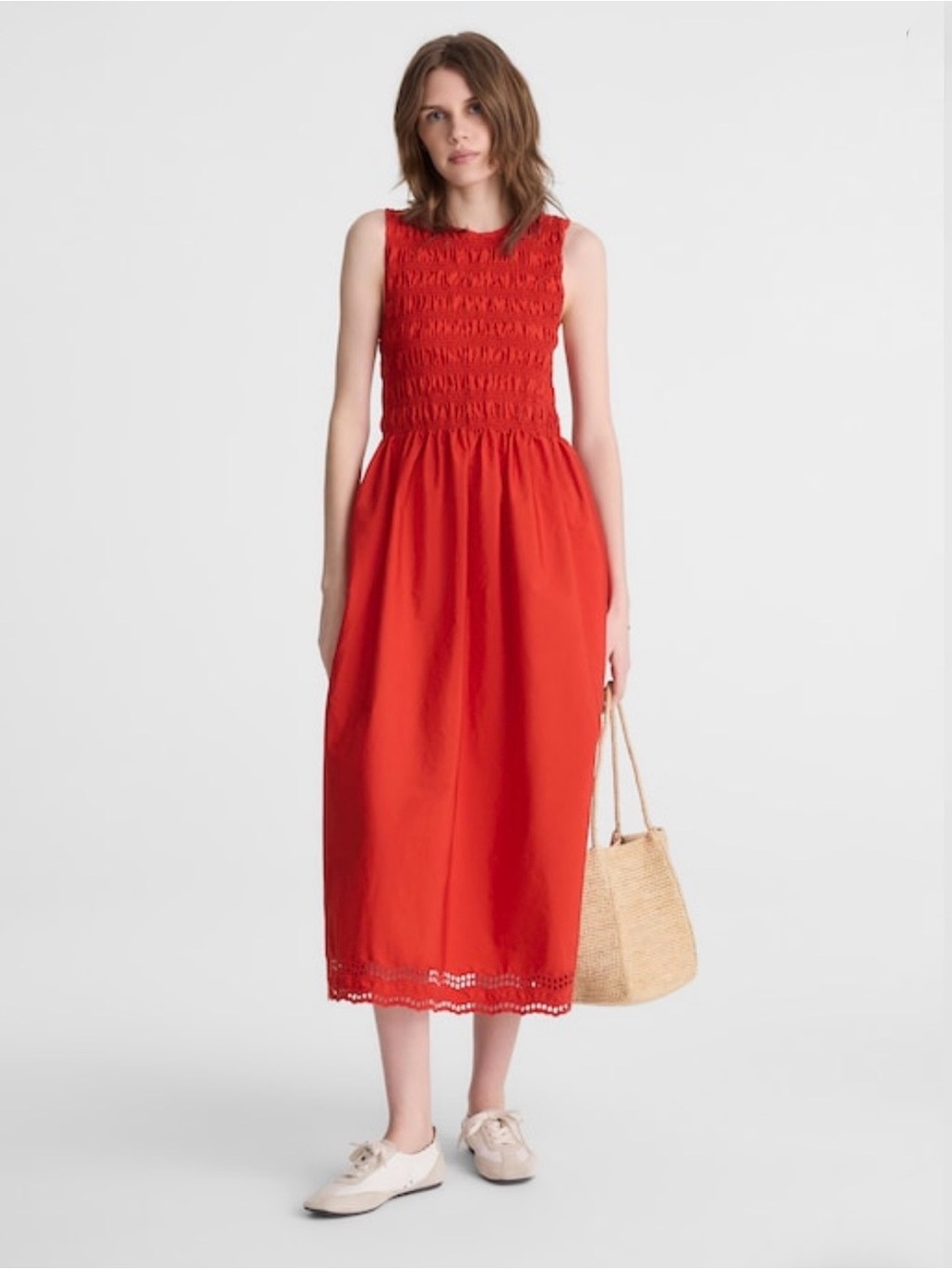NWT Madewell The Embroidered Melody Smocked Midi Red Dress Sz S $158